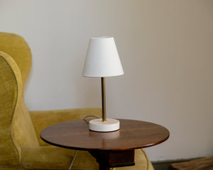 a lamp sitting on a table, antiques, decor, yellow chair, Our surface lamp is the perfect small lamp for your counter, dresser, desk, or bedside table. Brass and porcelain with linen shade, classic, simple, clean design, old house style, cottage, English, hudson valley