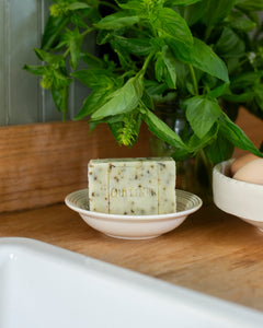 kitchen garden soaps made from our beef tallow in-house from animals raised by Hover Farm and Gulden Farm. sunflower oil, which itself is made locally from locally-grown sunflowers. The bar is flecked with dried basil grown in our garden. pure tallow soap, local, hudson valley