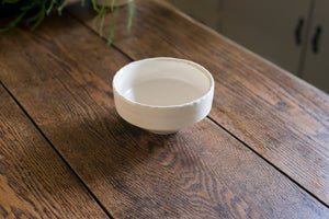 The bowl will be your everyday staple, from morning cereal to afternoon salad and an evening rice bowl. It has an elegant lip and a scalloped edge inspired by ceramics found in archaeological digs at the Historic 1747 Parsonage in Germantown, New York. kitchen, classic, white porcelain
