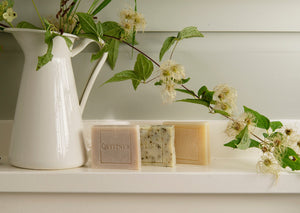 When developing our kitchen garden soaps, we wanted to try to push our ideals around local sourcing as far as we could. This soap trio includes one each of our kitchen garden soaps: Sage, Basil, and Rosemary  We make our beef tallow in-house from animals raised just a few miles from our workshop by Hover Farm and Gulden Farm. We capture the light scents and colors of sage, basil, and rosemary by infusing them into the sunflower oil, which itself is made locally from locally-grown sunflowers.