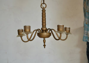 Vintage brass-tone chandelier with wear and patina, including paint smudges. Fully rewired. Please look carefully at images to confirm condition. Quittner