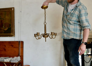 Vintage brass-tone chandelier with wear and patina, including paint smudges. Fully rewired. Please look carefully at images to confirm condition. Quittner