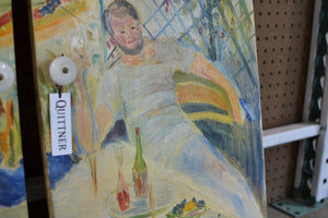 a painting of a person sitting on a bench 