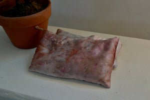silk eye pillow with lavender peach and pink and orange eco-printed botanically dyed leaves and flowers