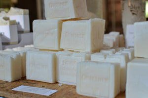 Our pure tallow soap has three ingredients: grass-fed and grass-finished tallow, sodium hydroxide (lye), and water.   We make our beef tallow in-house from animals raised just a few miles from our workshop by Hover Farm and Gulden Farm. This is true old-fashioned soap with a local focus. 