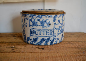Antique blue spongeware butter crock with lid. Clayton Store, Sue Connell, Southfield, Massachusetts.