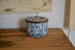 Antique blue spongeware butter crock with lid. Clayton Store, Sue Connell, Southfield, Massachusetts.