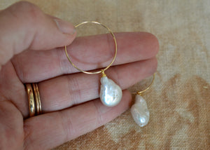 Keshi Pearl Hoops in gold fill with cultivated natural pearls. Dunia Quittner