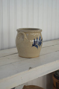 Small Miniature handmade one-of-a-kind stoneware crock with blue handprinted decoration made in the Hudson Valley by Jessica Weinberg of Firehouse Pottery Co for use in the kitchen, as a vase, as a pencil holder, or use as a cachepot for a plant. 