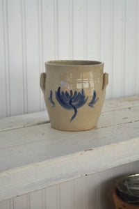Small Miniature handmade one-of-a-kind stoneware crock with blue handprinted decoration made in the Hudson Valley by Jessica Weinberg of Firehouse Pottery Co for use in the kitchen, as a vase, as a pencil holder, or use as a cachepot for a plant. 