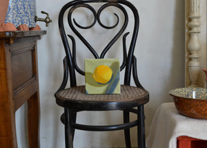 This little lemon is perfect for sitting in a window sill or kitchen counter. Acrylic on canvas. Signed on the reverse by Jessica Weinberg. For Quittner. Painted in Athens, NY. Hudson Valley art.