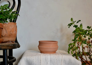 Small planter pot hand-thrown in terra cotta with ribbed detail. This pot has no drainage hole, so is perfect for bulbs or countertop woody herbs like rosemary, sage, or thyme. Each piece is hand-thrown and small variations are inherent to the process. Firehouse Pottery Co. Quittner