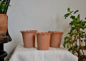 Small planter pots hand-thrown in terra cotta with decorative ruffle. Each pot has a drainage hole, and is ideal for a countertop herb, seasonal flower like a pansy or marigold, or a single bulb. Firehouse Pottery Co. Quittner
