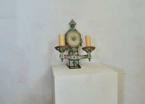 Antique Pastel Painted Victorian Sconces with delicate and detailed multi-tone decoration. Pair available. Quittner.