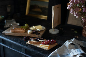 Breakfast board (noun): Individual wood boards ideally suited for toast, pastries, or an afternoon charcuterie and cheese snack. After indulging, wipe clean and hang on the marble and brass stand to keep them in easy reach.  Vintage kitchen, gift, present, birthday, cook, chef, old house kitchen style, cheese board