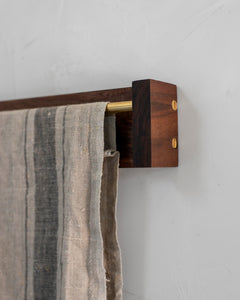 The Riven Rock Towel Holder is a roller-style towel holder for your bathroom or kitchen in black walnut with brass details and rod. For use with our rustic linen loop towel, or your own loop or roller-style towel. Antique kitchen, vintage kitchen, old house kitchen, black walnut, brass