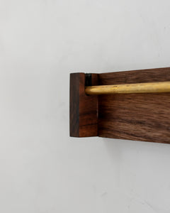 The Riven Rock Towel Holder is a roller-style towel holder for your bathroom or kitchen in black walnut with brass details and rod. For use with our rustic linen loop towel, or your own loop or roller-style towel. Antique kitchen, vintage kitchen, old house kitchen, black walnut, brass
