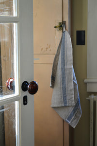a towel hanging on a rack in a bathroom 