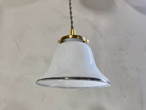 Vintage White Glass Pendant with Silver Rim